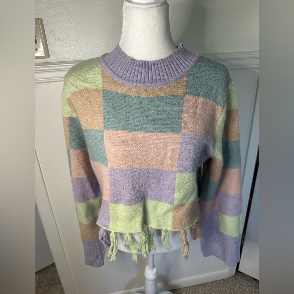 Storia Purple and Green Crew Neck Sweater Geometric Design with fringe size M